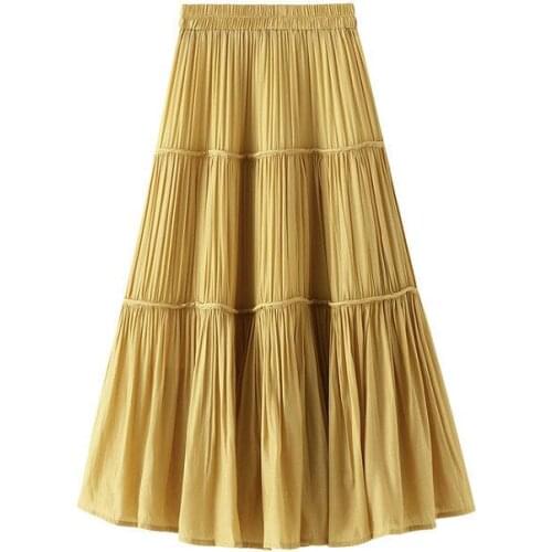 Summer New White Cake Skirt Women Slim Pleated Long Fairy Skirt Women Autumn Solid A-line Black Long Skirt Femme With Lining