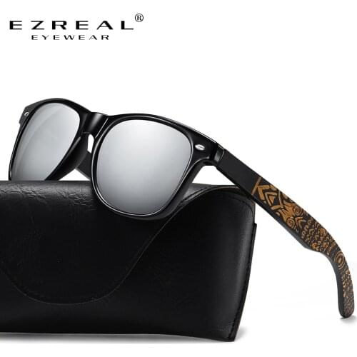 EZREAL Black Bamboo Wood Polarized Sunglasses Women Mens UV400 Pattern Temples Sunglasses With Leather Box
