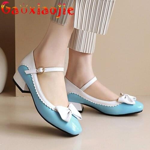 Gaoxiaojie Sweet Princess Style Women Bow High Heel Shoes Candy Color Patchwork 3CM Lolita Style Square Head Buckle Strap Pumps