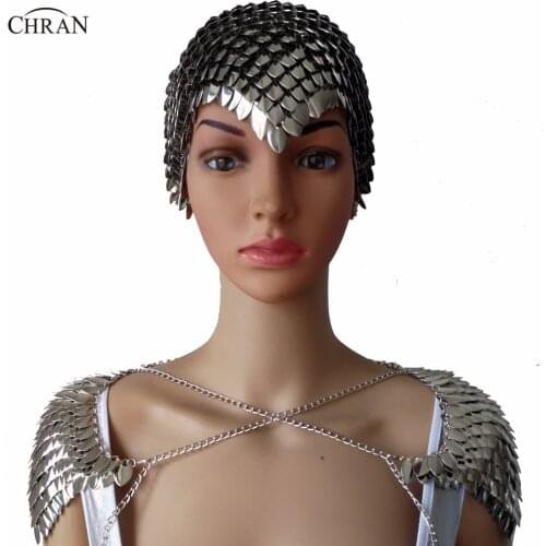 Chran New Women Punk Chainmail Layer Metal Head Chain Headdress Jewelry Forehead Headband Shoulder Necklace Body Jewelry CRS202