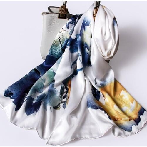 2021 Real Silk Scarf Women 100% Pure Silk Wrap Echarpe Brand Ink Printed Foulard Femme for Ladies Hangzhou Natural Silk Scarves