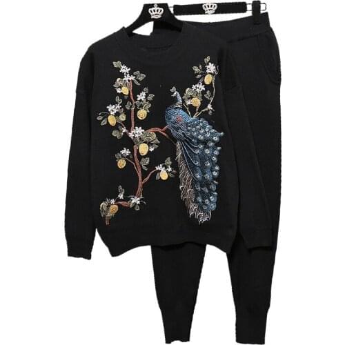Autumn 2 Piece Set Women Fashion Peacock Sweater Long sleeve Pullover + Knitted Pants Two Piece Set Ladies Tracksuit Sets H723