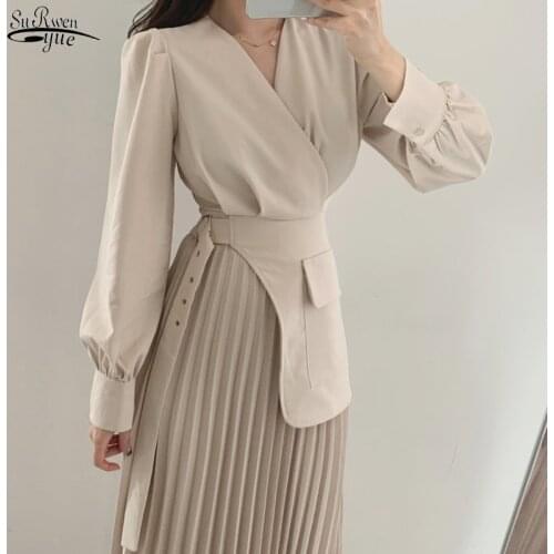 2021 Spring New Long Pleated Dress Lantern Sleeve Casual Solid Women Dress A-line V-neck Party Dresses Elegant Femme Robe 12789