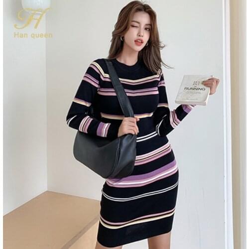 H Han Queen Korean Elegant Stripe Office Pencil Stretch Knitted Dress Women Autumn Winter Sheath Dresses Work Bodycon Vestidos