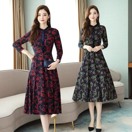 2021 Vintage Female Red Floral Midi Dresses Autumn Winter New 4XL Plus Size Print Long Sleeve Dress Elegant Women Party Vestidos