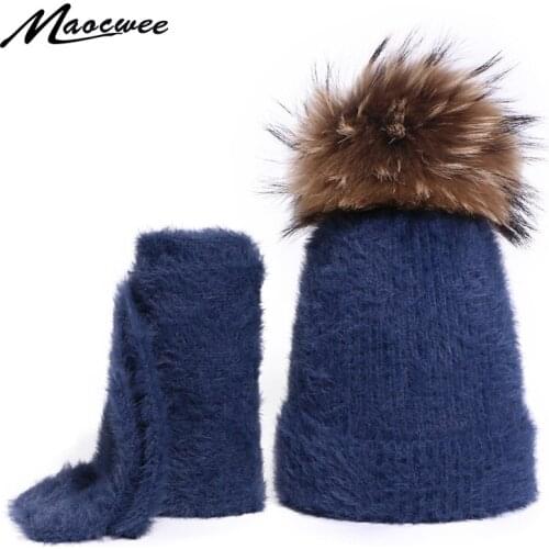 Winter Adult Hat Scarf Set Scorpion Ball Head Cap Men and Women Solid Color Soft Crochet Rabbit Fur Scarf Cap