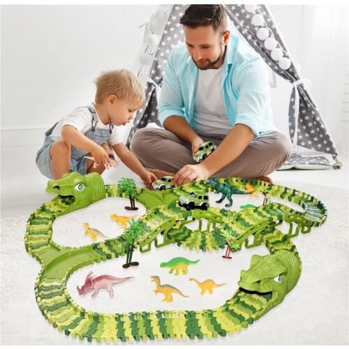Dinosaur Race Car Track 153pcs DIY Assemble Road Race Set with Flexible Track Dino Toys Bridge Ramps 2 Race Car Toys for Kids