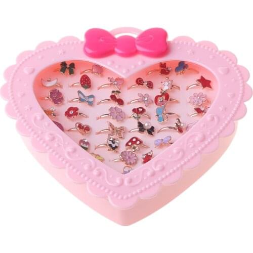 36 pcs Alloy Cartoon Rings With Bow tie box Colorful Lovely Adjustable Jewelry Gifts Party Favors Toys for Children Kids