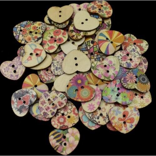 50PCS 25MM Multicolor Heart Shaped 2-Holes Cartoon Wood Button Mixed Color Wooden Buttons Clothing Accessories