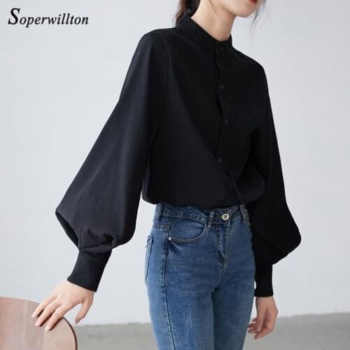 Chic Office Work Blouse Full Lantern Sleeve Blouse for Women Spring Winter Button Stand Collar Vintage blouse Shirt Solid Black