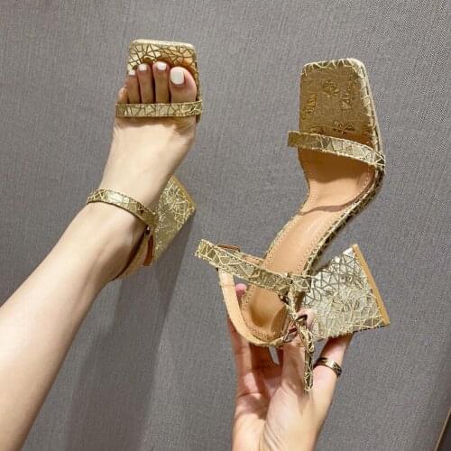 Designer Pattern Chunky High Heel Sexy Sandals Buckle Strap Square Toe Glitter Fashion Heel Shoes Dress Wedding Party Street