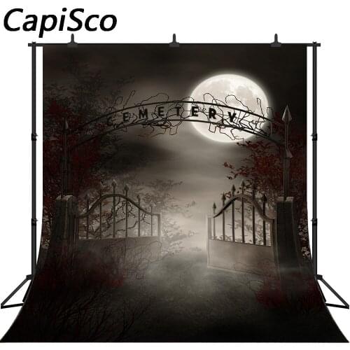 Capisco Halloween Photography Backdrop Vintage Haunted Cemetery Gate Full Moon Horror Night Scary Doorway Gloomy Background Prop