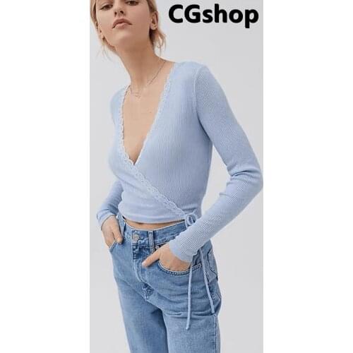 CGshop Vintage Spliced Lace Cross V neck Tie Bow Rib Crop Cardigan Women Elegant Hem Bandage Sweater Long sleeve