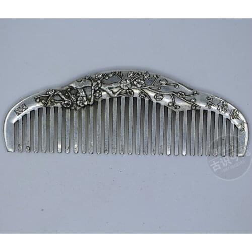 Collectibles Old Decorated Handwork Miao Silver Carving Plum blossom Comb metal handicraft Comb