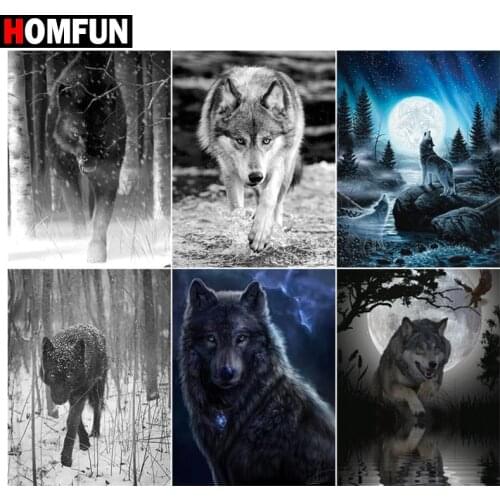 HOMFUN DIY Diamond Painting "Wolf night moon" Full Drill Square Round Diamond Embroidery 5D Cross Stitch Decoration Home
