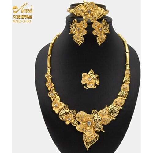 ANIID Jewelery Necklace Set Dubai Gold Chain Earring Fashion Vintage Women Wedding Bracelets Rings Earrings Indian 4pcs Bracelet