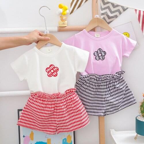 Girls Clothing Sets 2021 Summer New Childrens Printed Flower Short-Sleeved T-Shirts and Striped Skirt Suit Kids Clothes