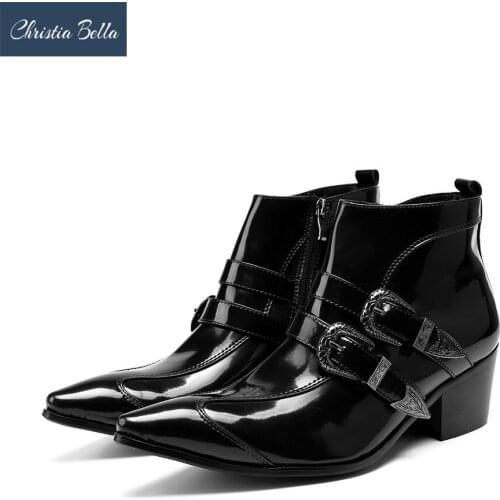Christia Bella Autumn Winter Solid Buckle Men Shoes Genuine Leather Boots Fashion Pointed Toe Boots Plus Size Zipper Ankle Boots