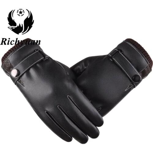 Mens Genuine Leather Gloves Real Sheepskin Black Touch Screen Gloves Button Fashion Brand Winter Warm Mittens New