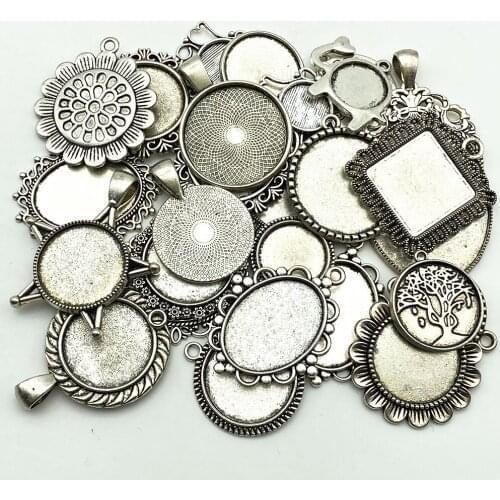 30Grams Tibetan Silver Mixed Designs Pierced MIX Size Style Cabochon Base Setting Charms Pendant Blank Setting Jewelry Making