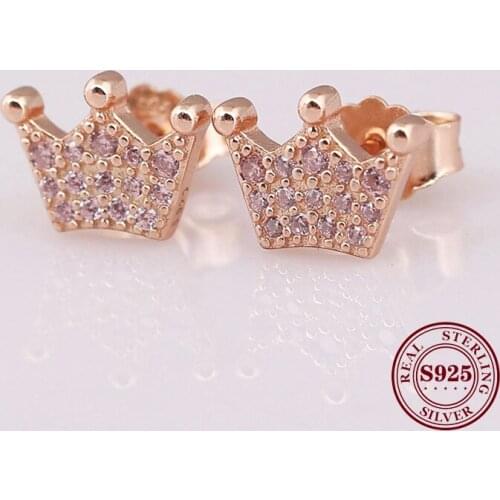 Real 925 Sterling Silver Earring Rose Gold Pink Magic Crown Shining Earrings For Women Wedding Gift Fashion Jewelry