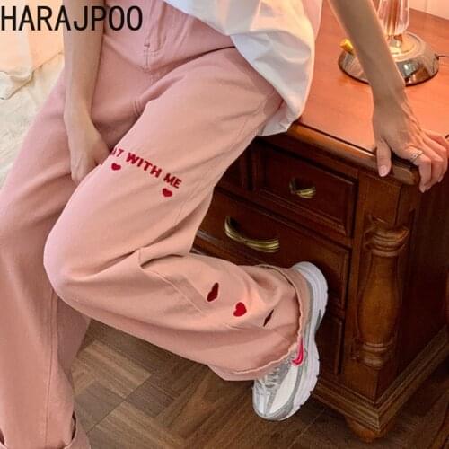 Harajpoo Women Pants Pink Love Embroidery Korean Version New Student Ins Loose Straight High Waist Thin Wide-legTrend Jeans