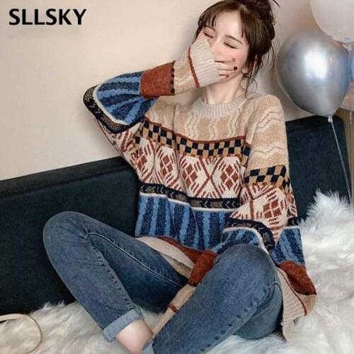 Sllsky Women Winter Loose Pullover Sweater Vintage Patchwork Fashion Knitted Sweater Autumn Warm England style O-neck Tops