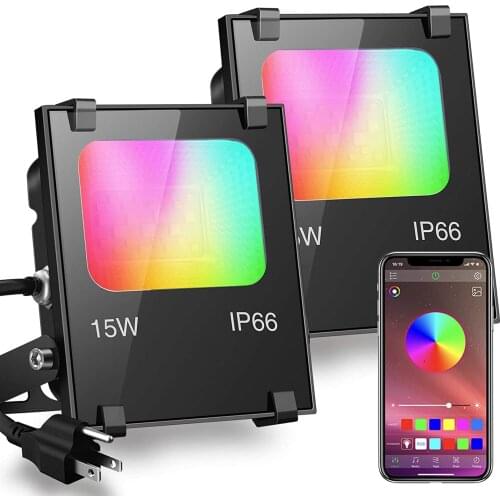 2pcs LED Flood Light 100W Equivalent RGB Color Changing Outdoor Smart Floodlights RGBW 2700K Warm White 20 Modes Grouping Timing