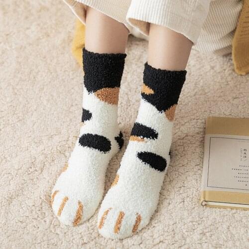 New warm socks thickened cat paw print coral fleece winter socks women plus fleece socks in tube cat paw sleep socks