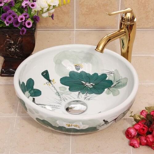Traditional Chinese Lotus Ceramic Art Basin Sink Counter Top Wash Basin Bathroom Vessel Sinks ceramic wash basin sink