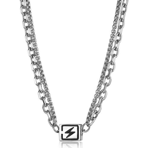 Stainless Steel Unique Lightning Cube Charm Double Layered Necklace for Men Women Toggle Clasp Box Cable Link Chain DDN251