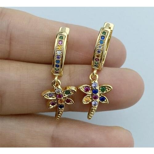 High Quality Small Cute Hoop Earrings Rainbow AAA Zircon Small Dragonfly Pendant Earrings for Women and Girl Best Gift