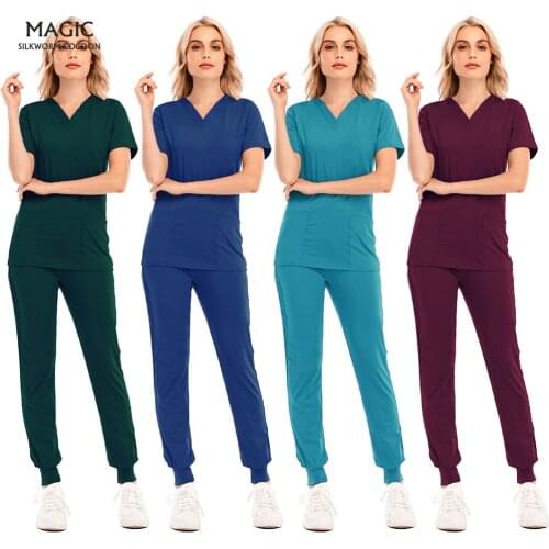 High Quality Solid Color Spa Threaded Hospital Clinic Doctor Work Suits Tops+pants Unisex Scrub Pet Nursing Medical Uniform Suit