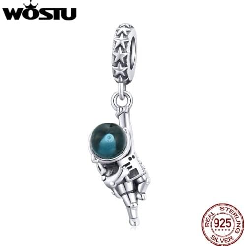 WOSTU 100% 925 Sterling Silver Astronaut Blue Glass Beads Space Charms Fit Original Bracelet Pendant For Women Jewelry CTC202