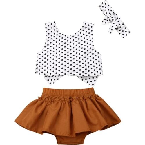 Girls Clothes Polka Dot Crop Tops Headband Bow Knot Ruffle Casual Skirt 3PCS Toddler Newborn Infant Kid Outfits