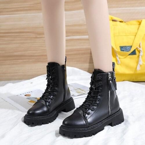 Boots Women Round Toe Platform Side Double Zippers Lace-Up Leather Black Brown Chunky New Design Trendy Leisure Boots Boots