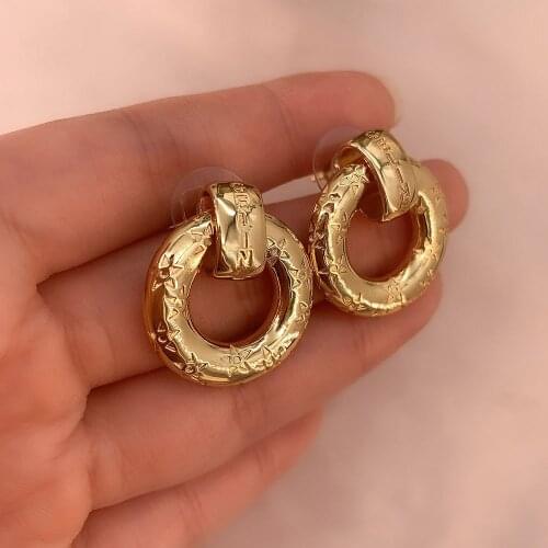 Star engraved bold circle drop earrings for women gold statement earrings vintage luxury brand jewelry 2021