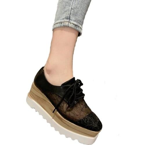 Womans High Heels Women Platform Wedges Shoes Casual Women Creepers Black Platform Heels Fall Mesh Lace Up Ladies Wedge Heels