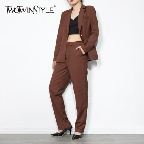 TWOTWINSTYLE Casual OL Style Pants Suit For Women Notched Long Sleeve Blazer High Waist Straight Trousers Female Sets Fashion