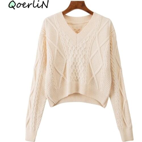 Twist Solid Sweater Women Loose Knitting Pullovers 2020 New Chic Winter Knitwear Sweaters Retro V-Neck Short Sweater Harajuku