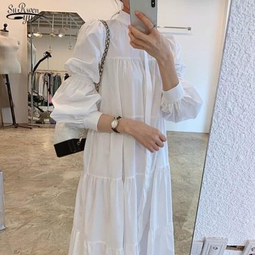 Vestidos Autumn New Arrival Stand Collar Long Sleeve White Dress Women Solid Color A Line Vintage Dresses Korean Style 14390