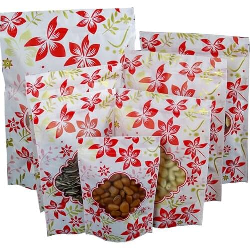1000Pcs Stand Up Red Printing Plastic Bag Zip Lock Tear Notch Polybags with Clear Window Recyclable Dry Fruit Tea Snacks Pouches