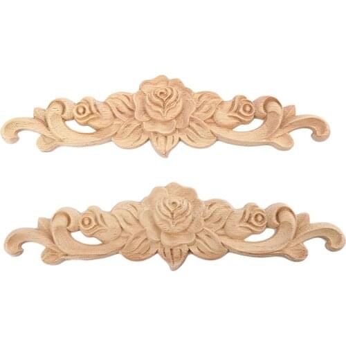 2pcs 20*5cm Wood Carved Long Onlay Applique Unpainted Rose Flower Door Home Decor European Style