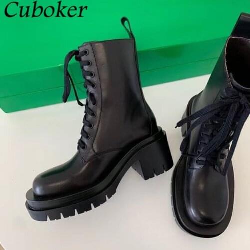 2021 Brand Designer Women Boots Chunky Heel Genuine Leather Lace Up Martin Boots Height Increasing Runway Modern Boots Women