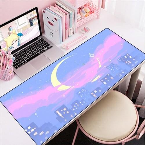 MRG Pink Moon Kawaii Large Size Mousepad Xxl Pink City Landscape Mouse Pad Natural Rubber Office Girlish Mousepad Game Mousepad