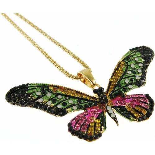 TianBo Gold multicolor Full Crystal 8CM Big Butterfly Pendant Necklace 75CM Long Sweater Chain Jewelry For Women