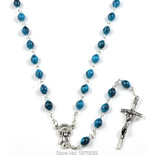 Black triple blue bead catholic rosary necklace oval bead rosary
