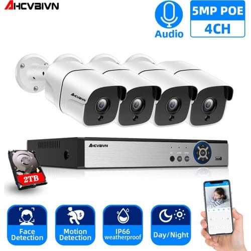 H.265 4CH 5MP POE NVR Kit CCTV System Audio Alarm Face Detection AI POE IP Camera IR Outdoor Video Security Surveillance Set