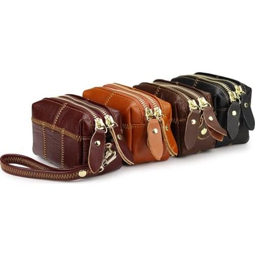 Luxury Ladies Double Zipper Coin Purse Wristlet Women Small Wallet Girl Short Cow Leather Credit Card Holders Wallets