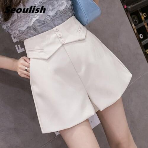Seoulish Summer 2021 New Elegant Buttons Formal Womens Suit Shorts High Waist Office Lady Wide Leg Shorts Chic Loose Trousers
